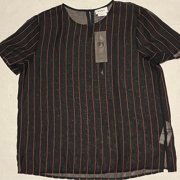 DKNY CHIFFON STRIPED BLOUSE WOMENS SHORT SLEVEE BLACK/ORANGE ROUND NECK SZ LARGE - Picture 11 of 14